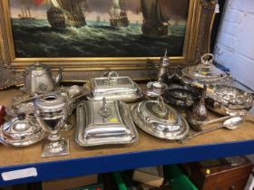 Collection of silver plate to include entree dishes, tureen, cutlery, Edwardian plated oil lamp base