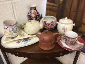Beleek tea pot, four pieces of Poole china, Imari vase and small pot, Chinese chai/tea pot and Vienn