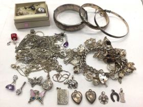 Silver charm bracelet, three silver bangles, insect bar brooch and a quantity of silver and white me