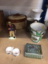 Small group of ceramics, including a continental double-salt, a Coalport figure, a game pie dish, et