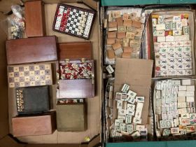 Two boxes of mahjong tiles, chess sets and related