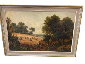 Early 20th century English school, oil on canvas, Harvest landscape, signed with initials, 34 x 54cm