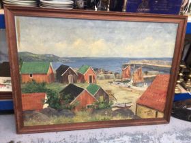 Continental School, mid 20th century, oil on canvas - A Harbour View, indistinctly signed, framed
