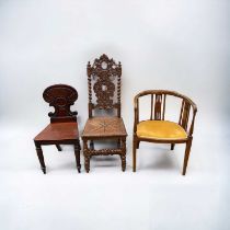 Regency mahogany hall chair, Victorian carved oak hall chair and an Edwardian inlaid mahogany tub ch