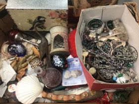 Costume jewellery, two iridescent purple glass paperweights, one signed, various trinket boxes, perf