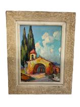 Mid 20th century Continental impasto oil on board, Church and cedar signed, 31 x 22cm, framed