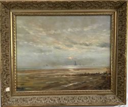 Oil on canvas beach scene, signed Payton, 39cm x 49cm, in gilt frame