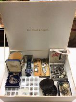 Silver and other jewellery, wristwatches, Japanese musical jewellery box and bijouterie, within a Va