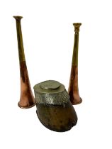 Two copper and brass hunting horns, 21.5cm and 23cm, together with a horse hoof inkwell with silver