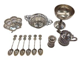 Two pierced silver dishes, set of six Hong Kong sterling silver spoons and other plated items