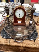 Edwardian inlaid mantle clock, pair bronze candlesticks and lot plated ware