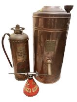 Ewart's Victor Geyser copper hot water boiler, vintage copper fire extinguisher and a Redex oil can