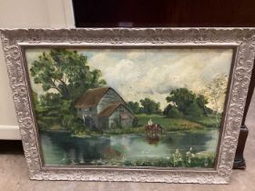 English School A lake view with watermill and farmer watering horses, oil on canvas board