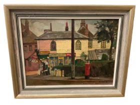 English school, mid 20th century, oil on board, Street scene, signed and dated '50, 28 x 39cm, frame