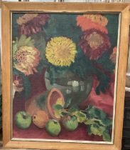 Mid 20th century oil on canvas board, still life of flowers and fruit, 52 x 43cm, framed