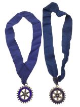 Two silver and enamel Rotary International medallions on ribbon, Rotary International gilt metal pin