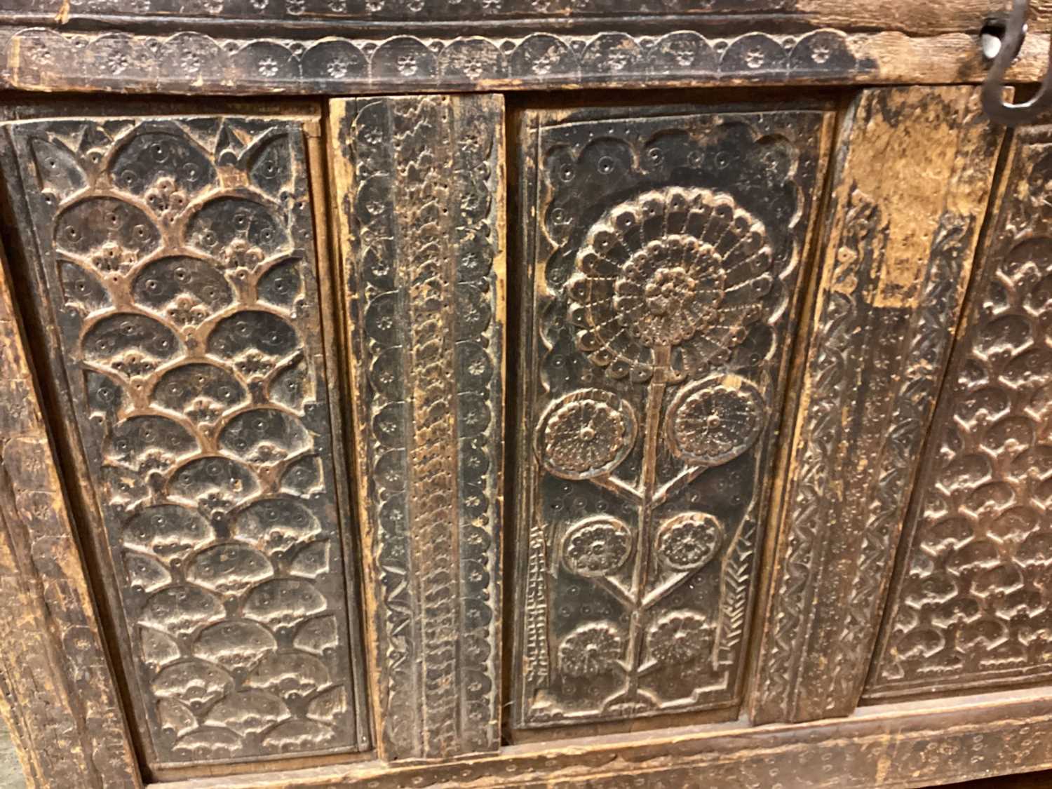 Antique eastern Dowry chest with carved decoration, 93cm wide, 62cm deep, 76cm high - Image 3 of 4