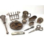 Miniature silver tea set, Art Deco toast rack, silver 1/8 pint tankard, Victorian white metal posy h