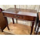 19th century mahogany side table with single drawer on chamfered legs, 82cm wide, 39.5cm deep, 67cm