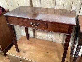 19th century mahogany side table with single drawer on chamfered legs, 82cm wide, 39.5cm deep, 67cm