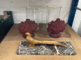Art Deco French sculpture of a golden pheasant on marble plinth, a pair of 19th century style cast i