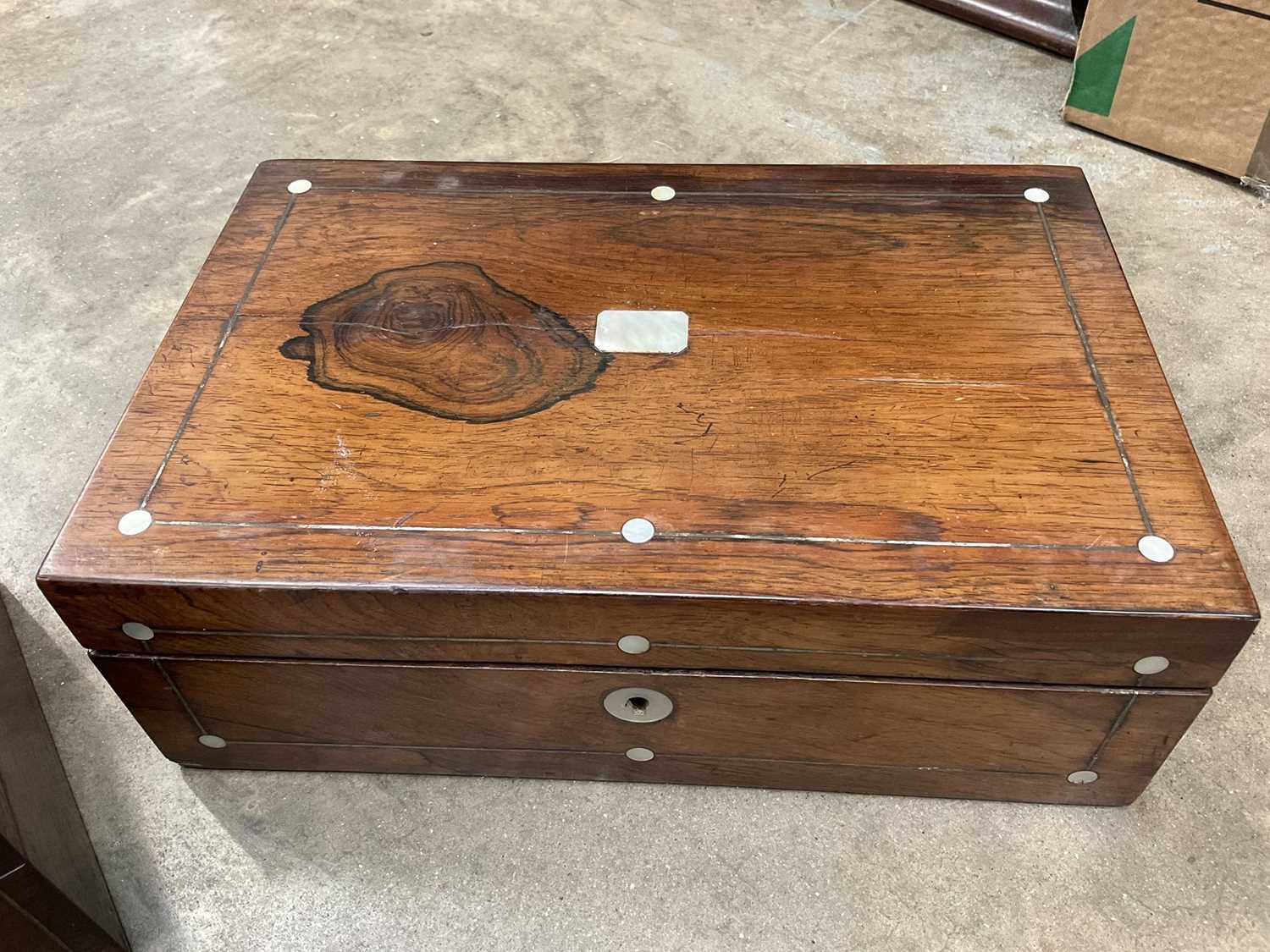 Victorian rosewood veneered writing box with mother of pearl inlay and a similar needlework box (2) - Image 2 of 5