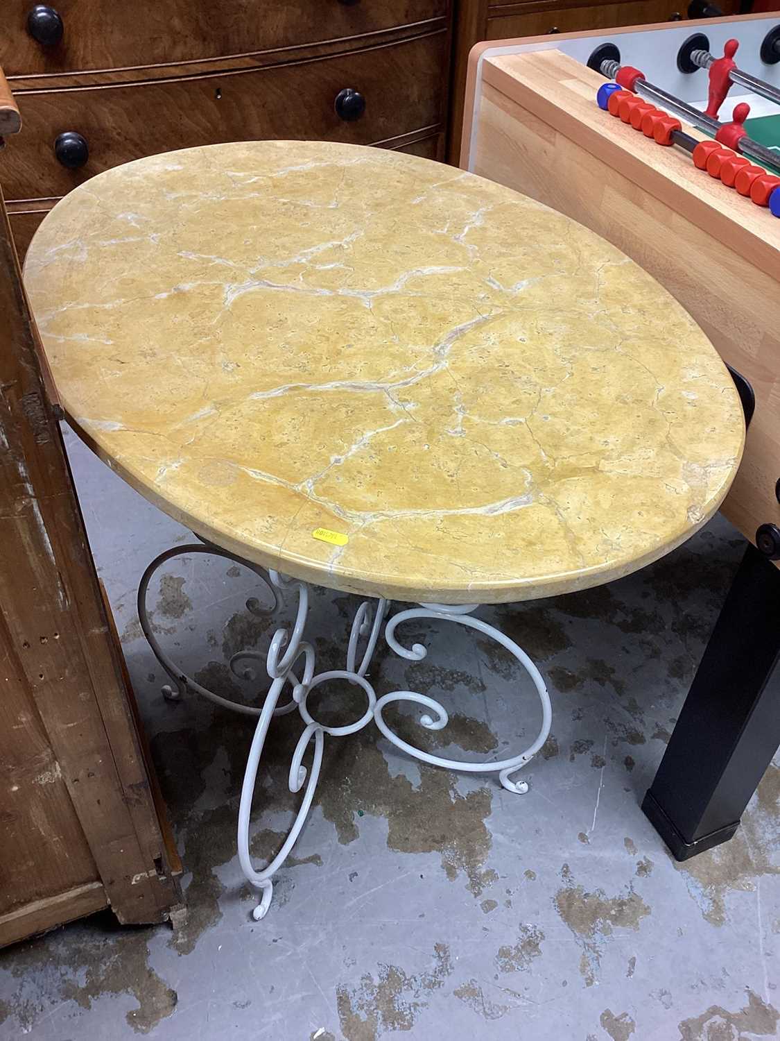 Metal framed table base with oval marble top, 84cm