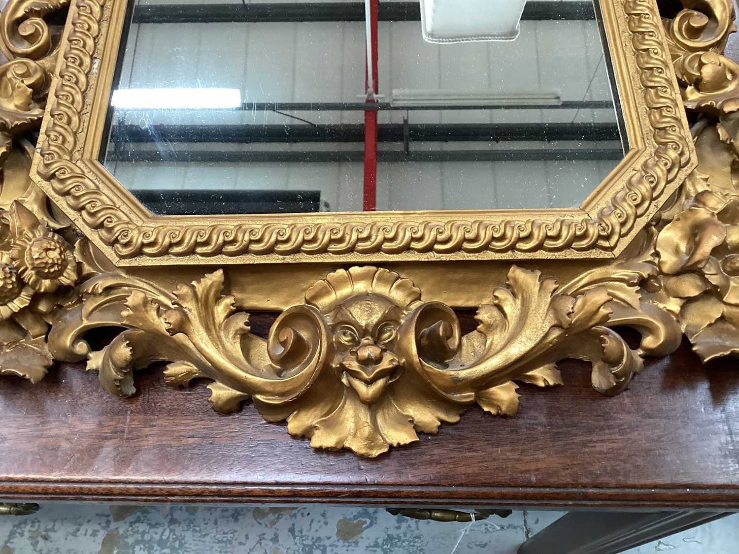 Antique carved giltwood decorative hanging mirror with central crest containing initials. - Image 3 of 4