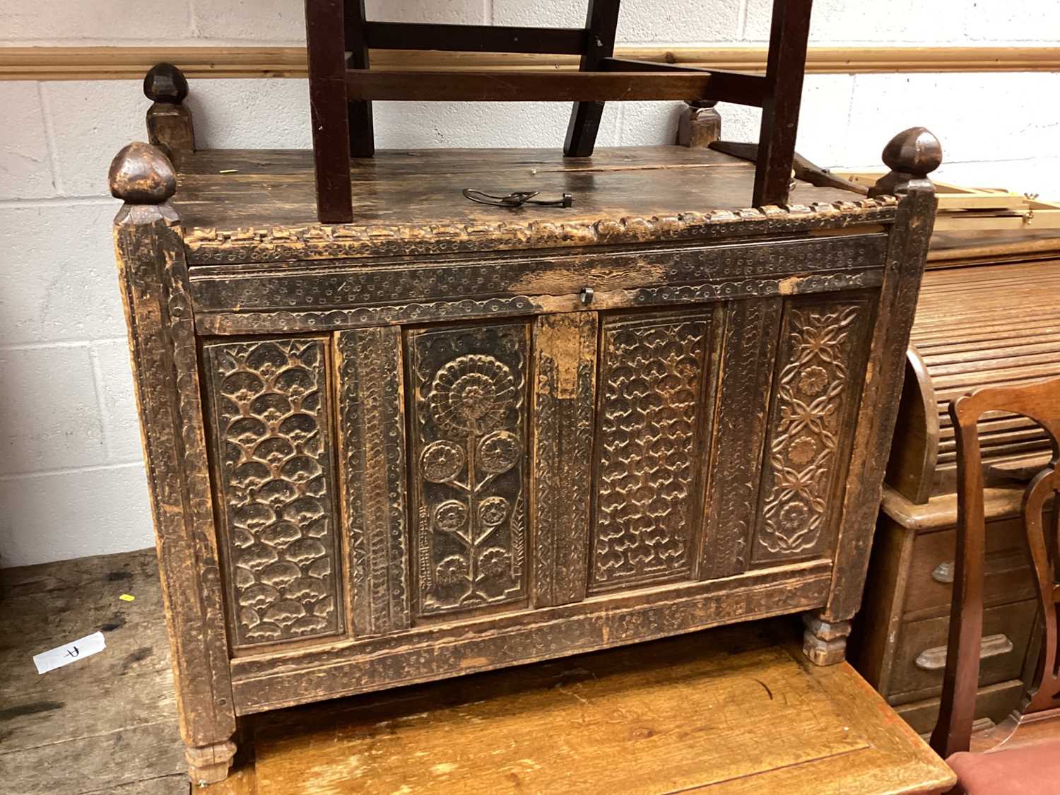 Antique eastern Dowry chest with carved decoration, 93cm wide, 62cm deep, 76cm high