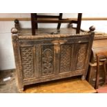 Antique eastern Dowry chest with carved decoration, 93cm wide, 62cm deep, 76cm high