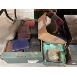 Quantity of glass prismatic drops and glass stoppers and a collection of vintage cutlery boxes/cases