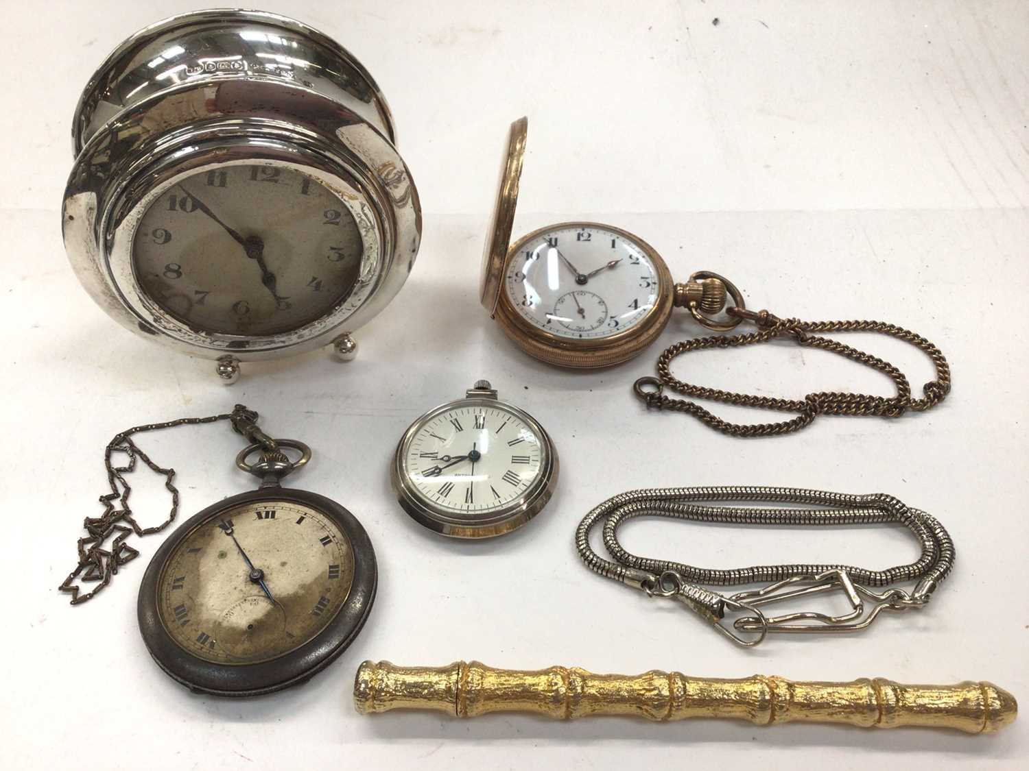 Silver cased desk clock and group of pocket watches