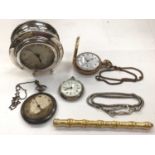 Silver cased desk clock and group of pocket watches