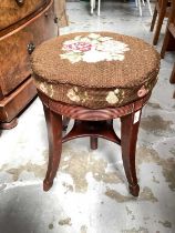 Victorian mahogany adjustable piano stool with embroidered seat