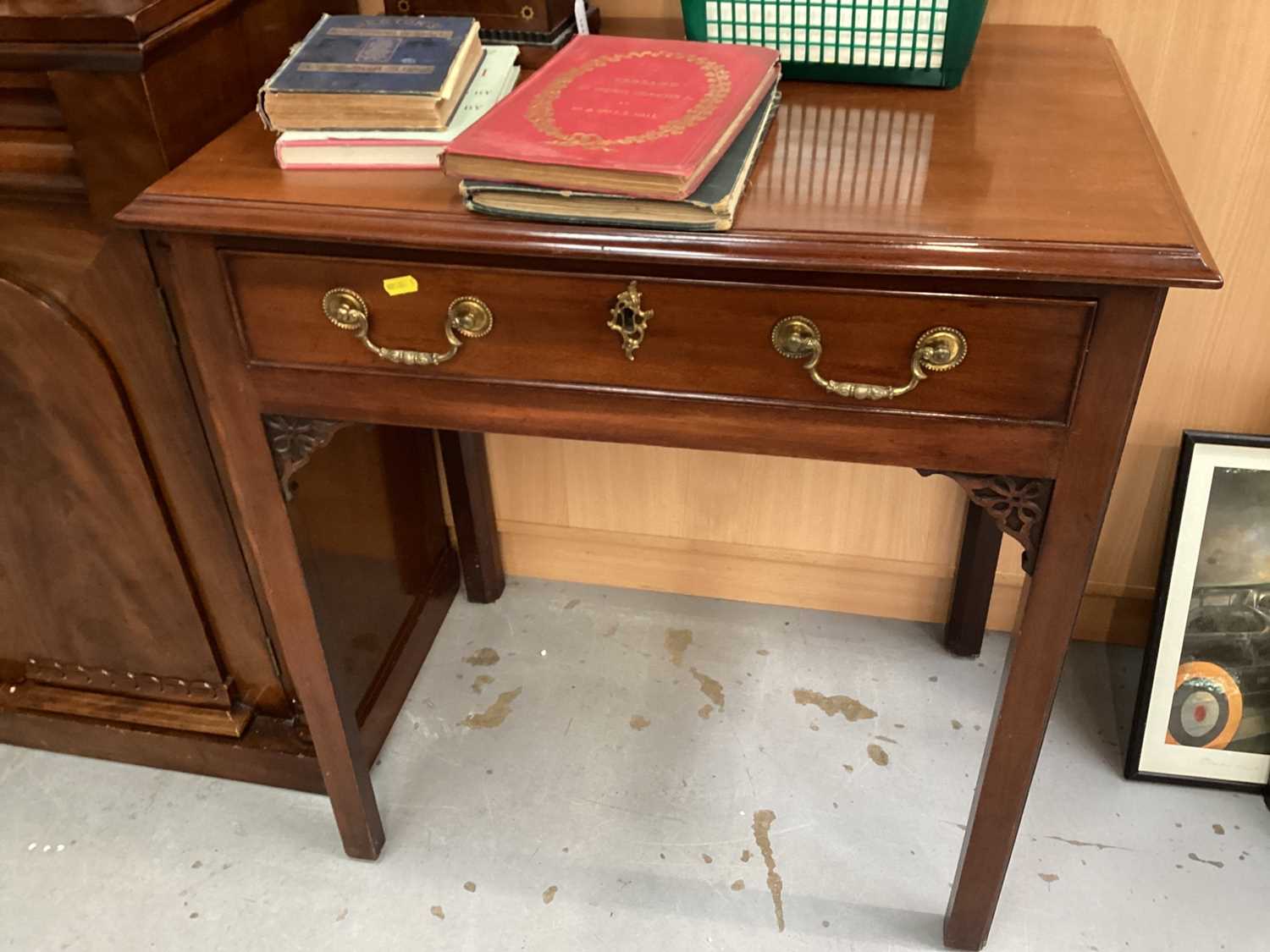 Edwardian mahogany side table with single drawer on square chamfered legs with ' Chinese Chippendale