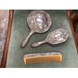 Silver plated three piece dressing table set, plated tea ware, firkin & cast iron lion door stop