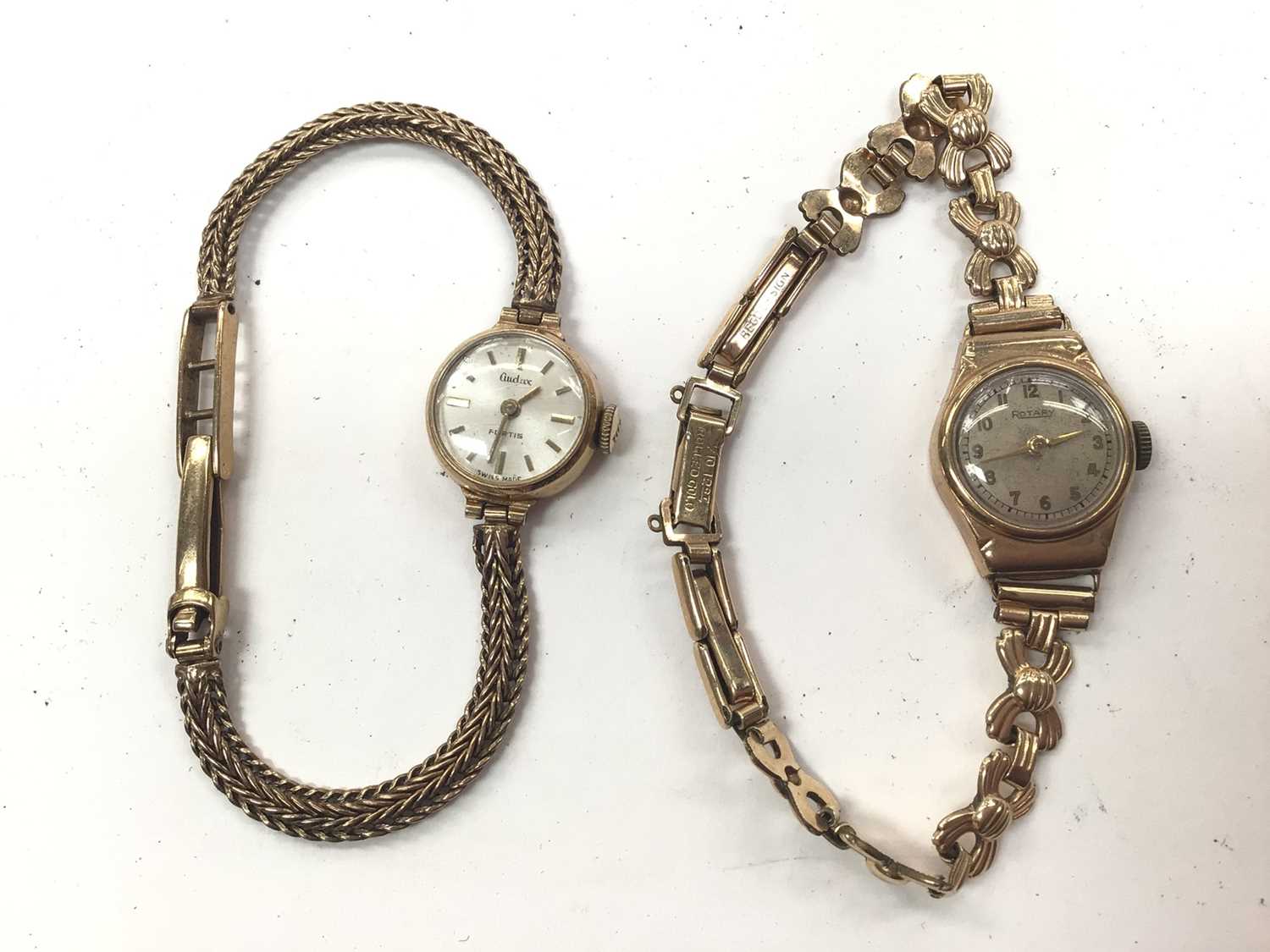 Vintage 9ct gold ladies Audax wristwatch on yellow metal bracelet, together with a 9ct gold cased la