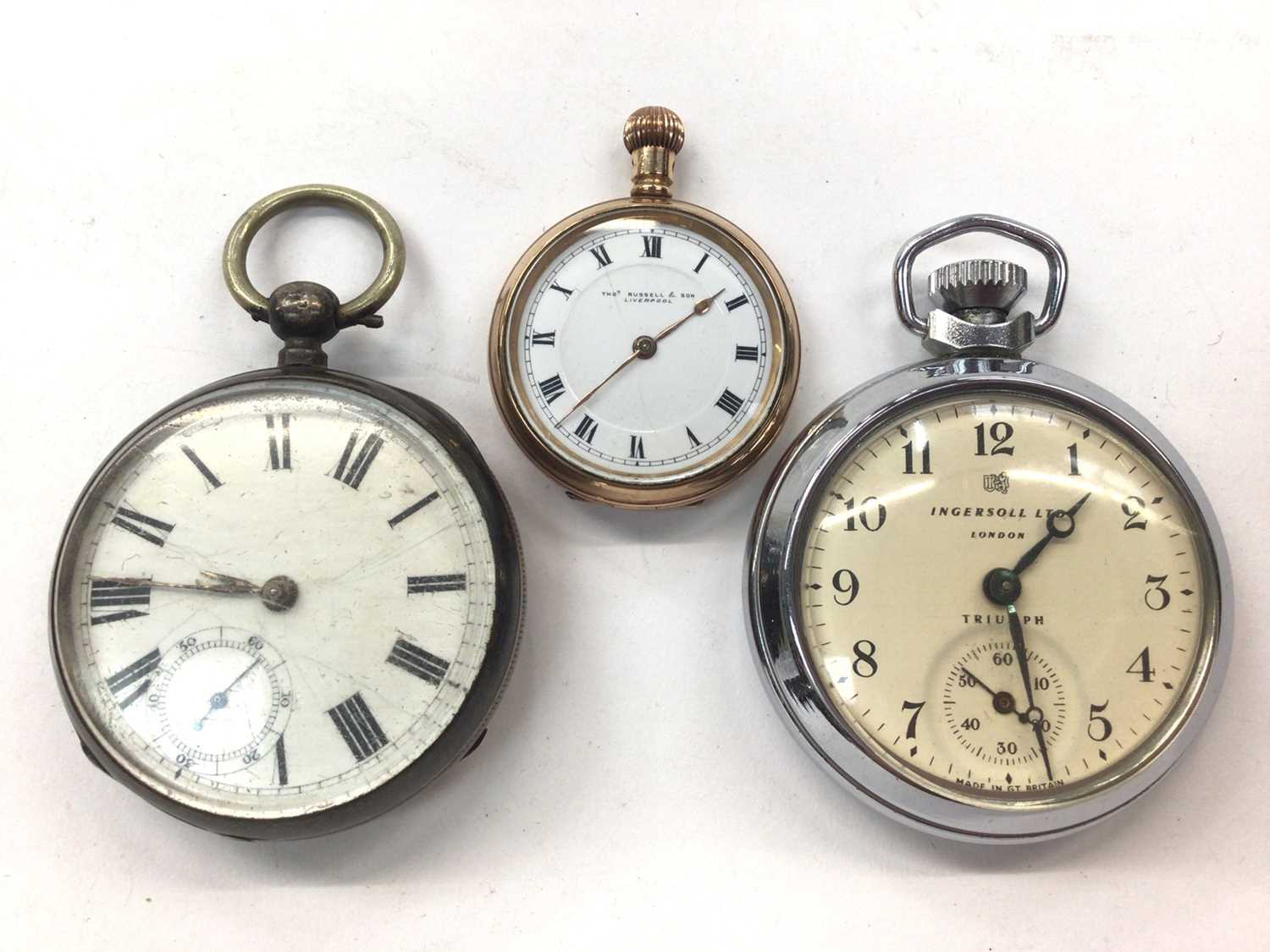 Gold plated Thomas Russell & Son fob watch, silver cased pocket watch and an Ingersoll Triumph pocke