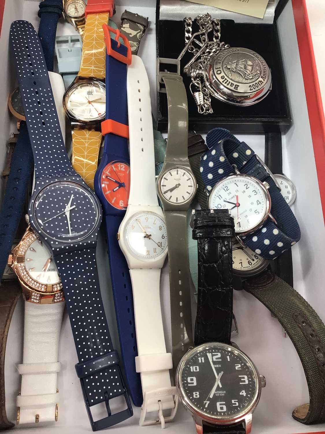 Group of wristwatches including Times Expedition, three other Timex, four Swatch, Orla Kiely, Sekond