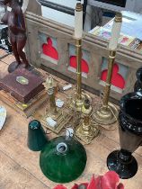 Pair old brass table lamps and sundry lamps with shades
