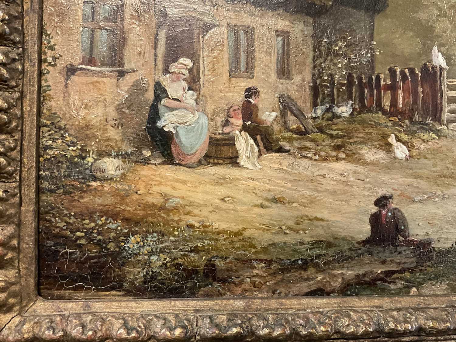 19th century English School, oil on panel, Cottage scene with figures, 27 x 33cm - Image 4 of 8