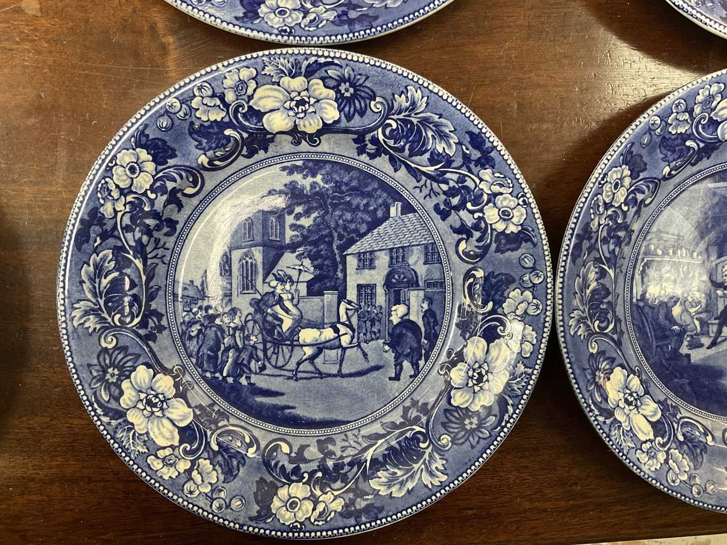 Four 19th century blue and white transfer printed plates 'Dr Syntax' and two Delft plates - Image 5 of 13