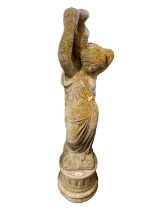 Concrete garden statue of a female water carrier on plinth base, 120cm high