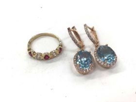 Pair of 14ct rose gold gem set earrings and 14ct gold gem set half eternity ring
