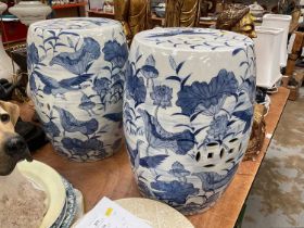 Pair of Chinese blue and white porcelain barrell shaped garden seats.