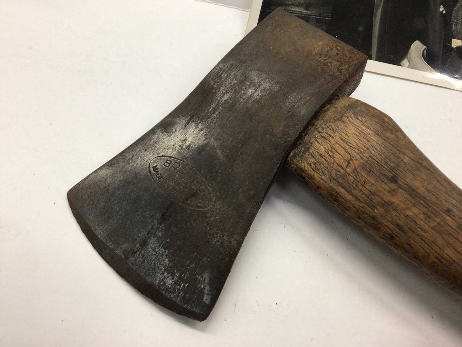 Boy Scouts axe with leather cover, Scouts pins, related photographs and a hunting knife - Image 3 of 4