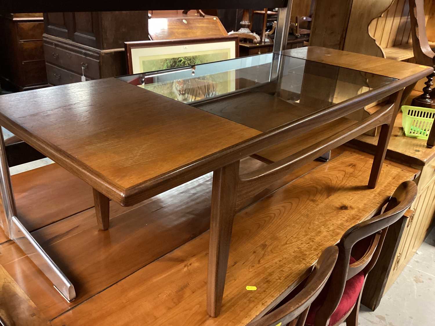 1970's teak G-Plan coffee table with inset glass top, 137cm wide, 51cm deep, 43cm high