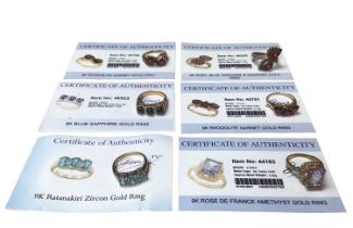 Six 9ct gold multi gem set dress rings with Gems TV certificates