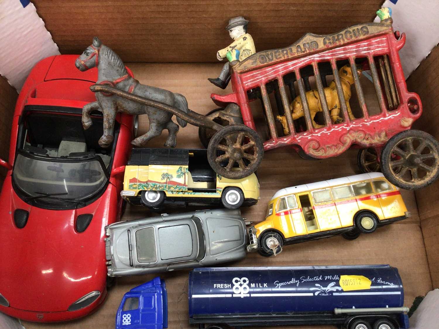 Vintage painted metal 'Overland Circus' horse and tiger carriage, other toy cars and vehicles