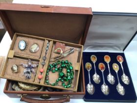 Jewellery box containing vintage costume jewellery, pair of antique coral silver gilt (800) screw ba
